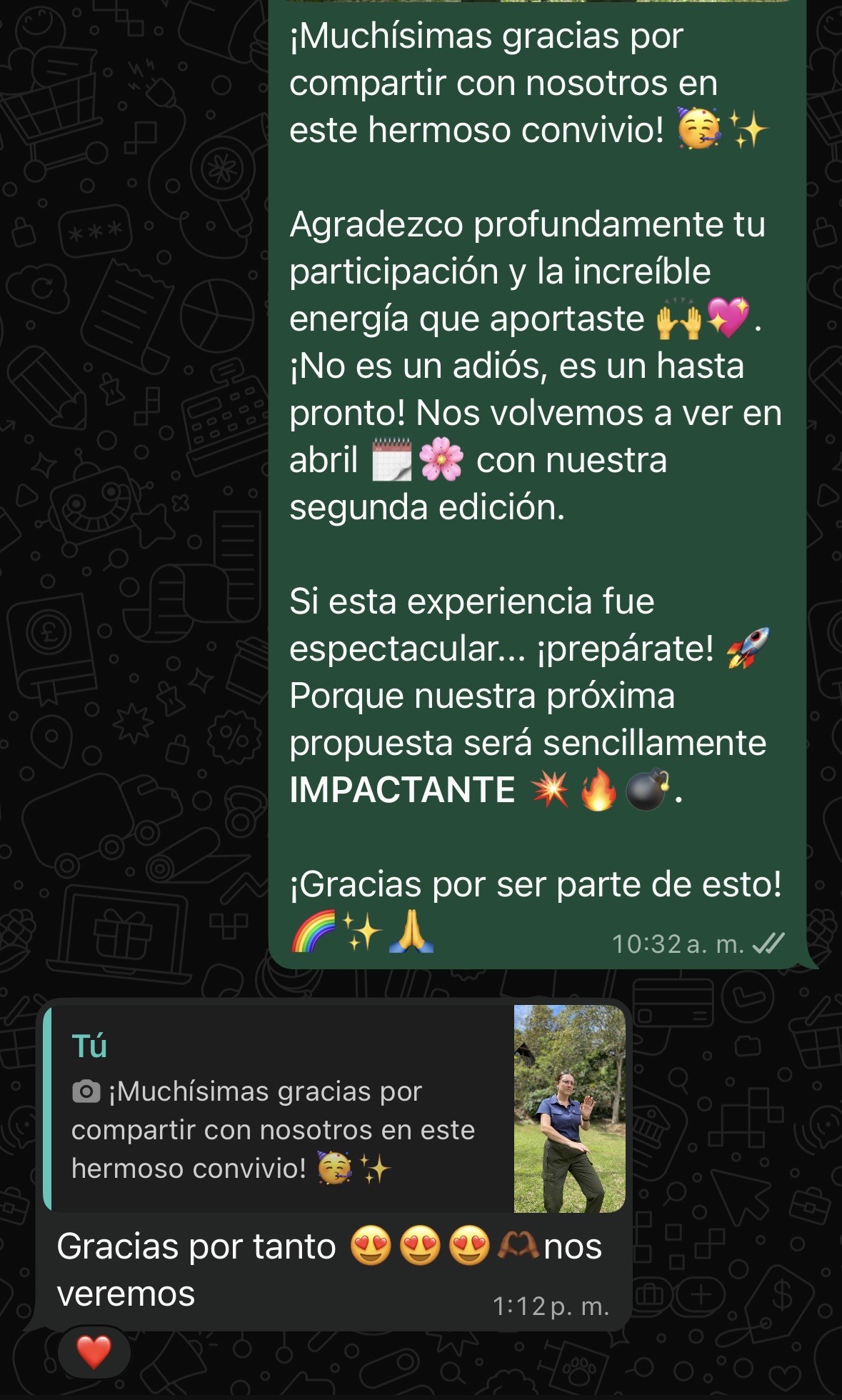 Screenshot de WhatsApp con agradecimiento por participar en el convivio