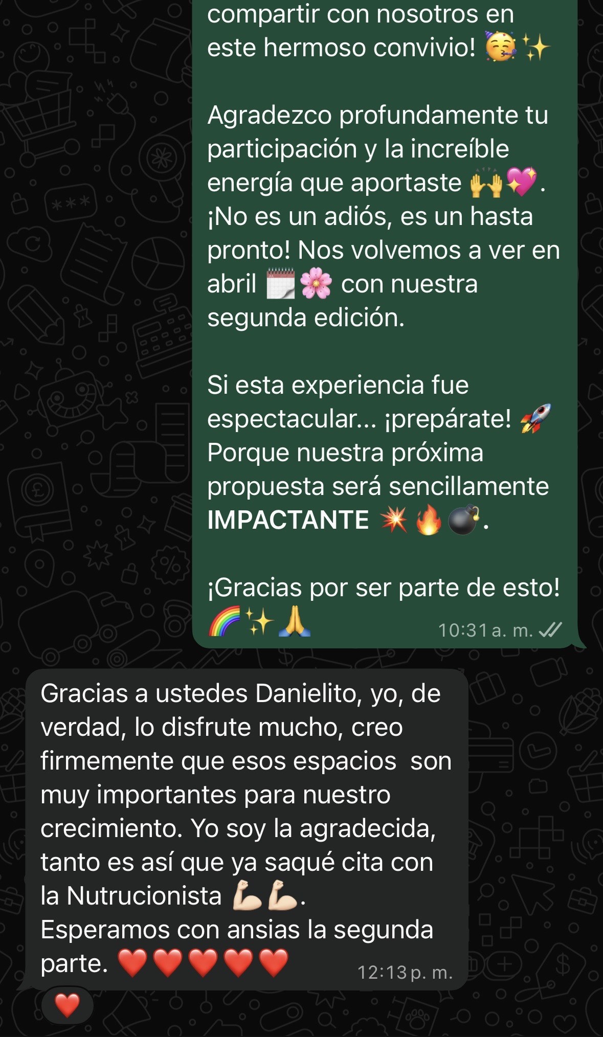 Screenshot de WhatsApp con testimonio sobre la experiencia del evento