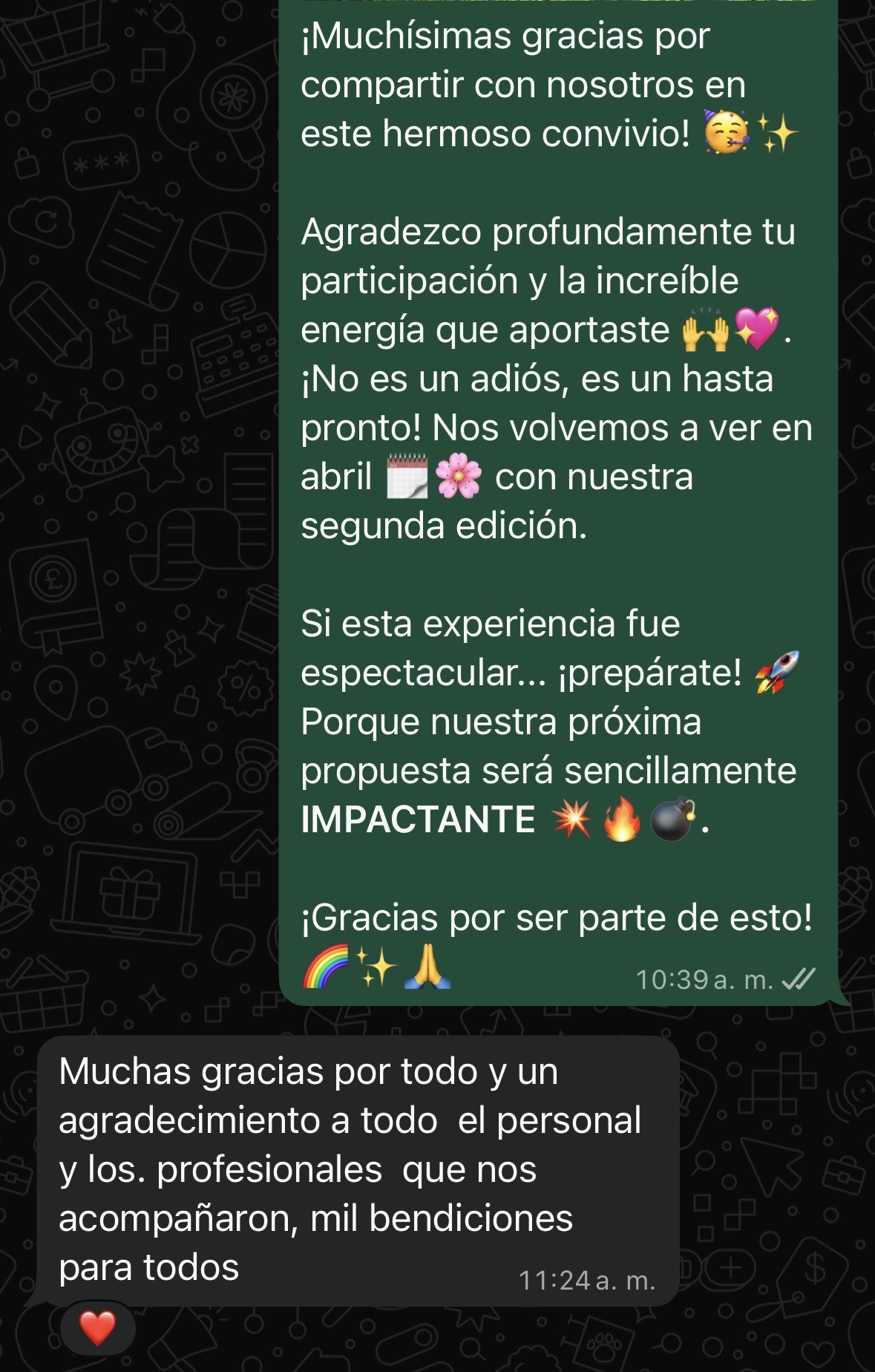 Screenshot de WhatsApp con agradecimiento al personal y profesionales