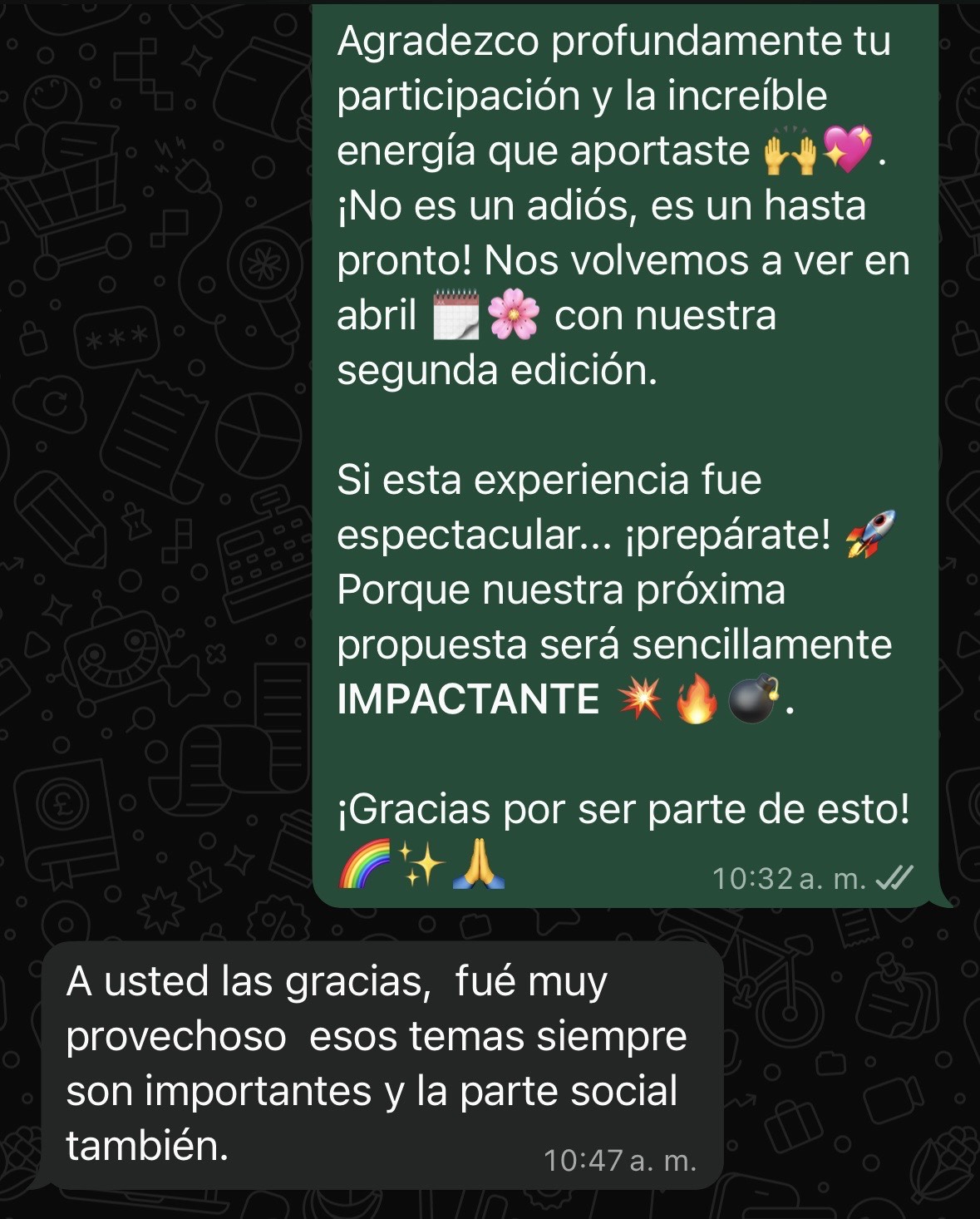 Screenshot de WhatsApp sobre temas provechosos y parte social
