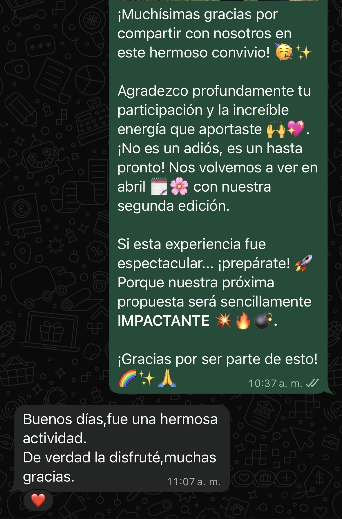 Screenshot de WhatsApp diciendo que fue una hermosa actividad