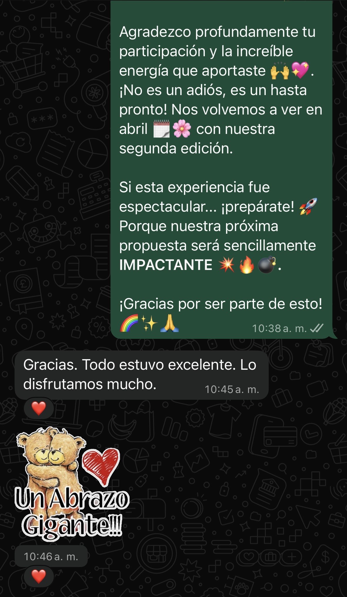 Screenshot de WhatsApp diciendo que todo estuvo excelente