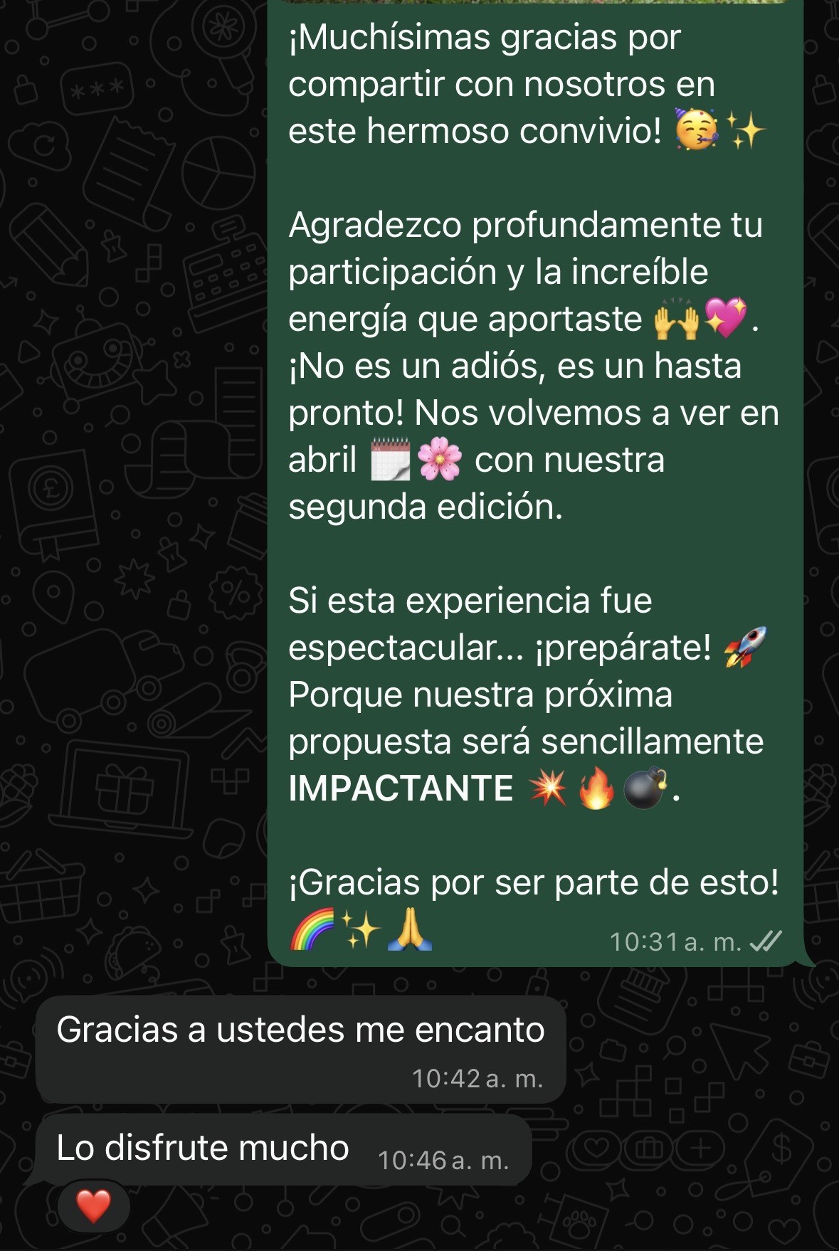 Screenshot de WhatsApp con mensajes de encanto y disfrute