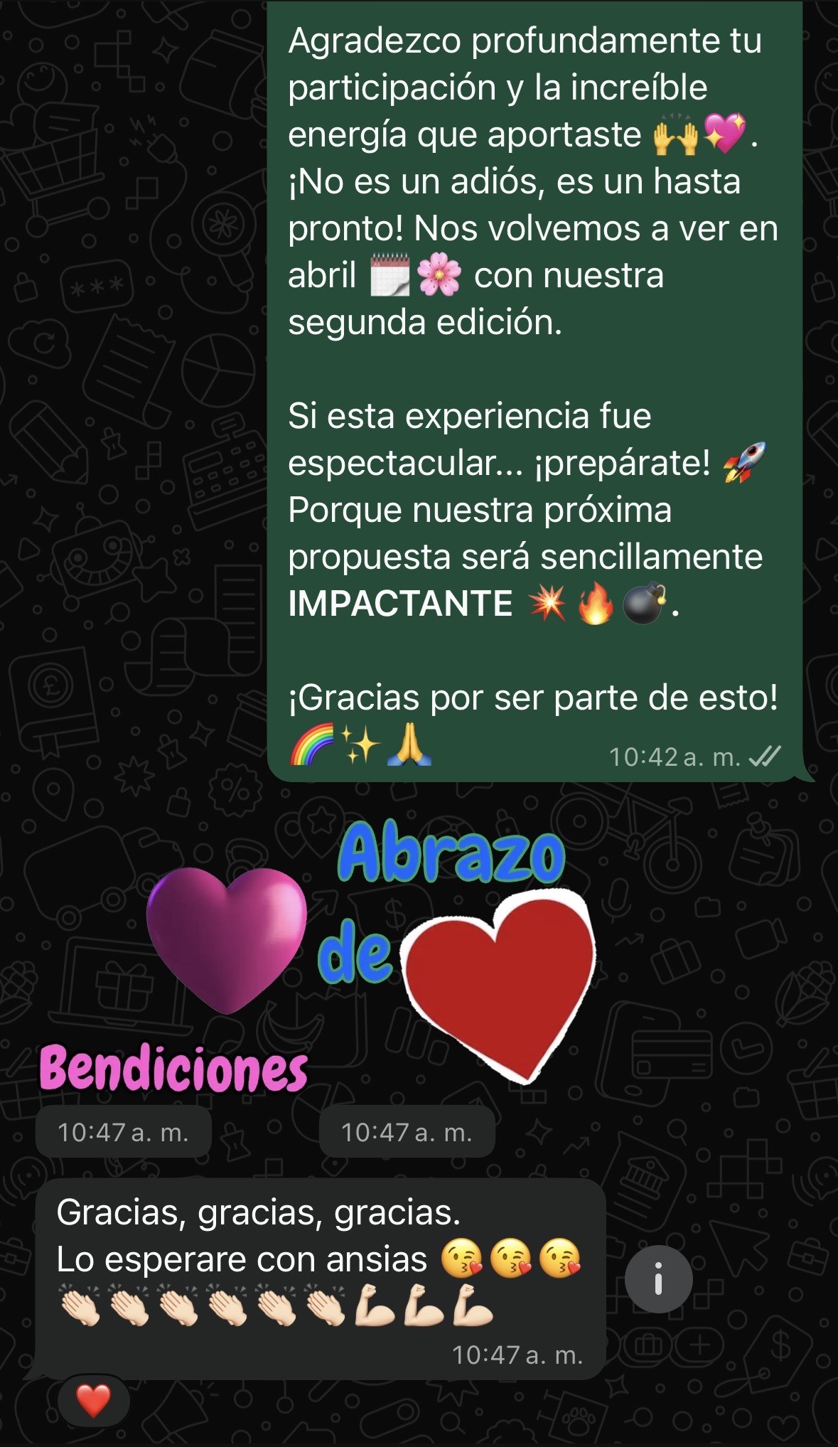 Screenshot de WhatsApp con mensajes de bendiciones y gratitud