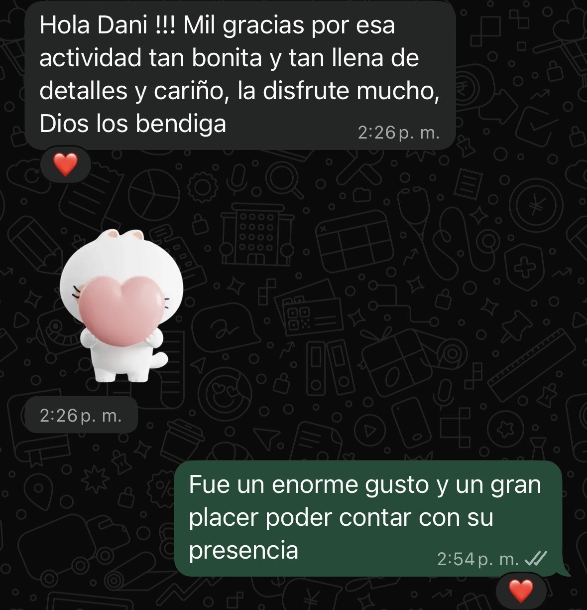 Screenshot de WhatsApp agradeciendo la actividad llena de detalles y carino