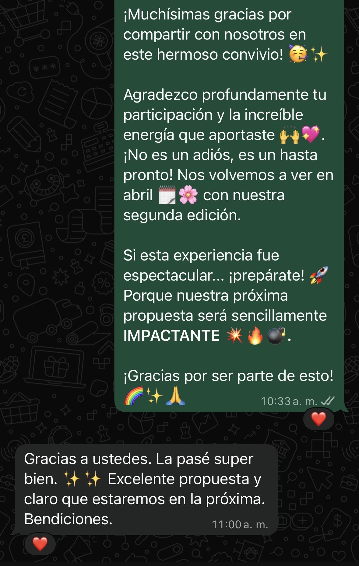 Screenshot de WhatsApp con excelente propuesta y bendiciones