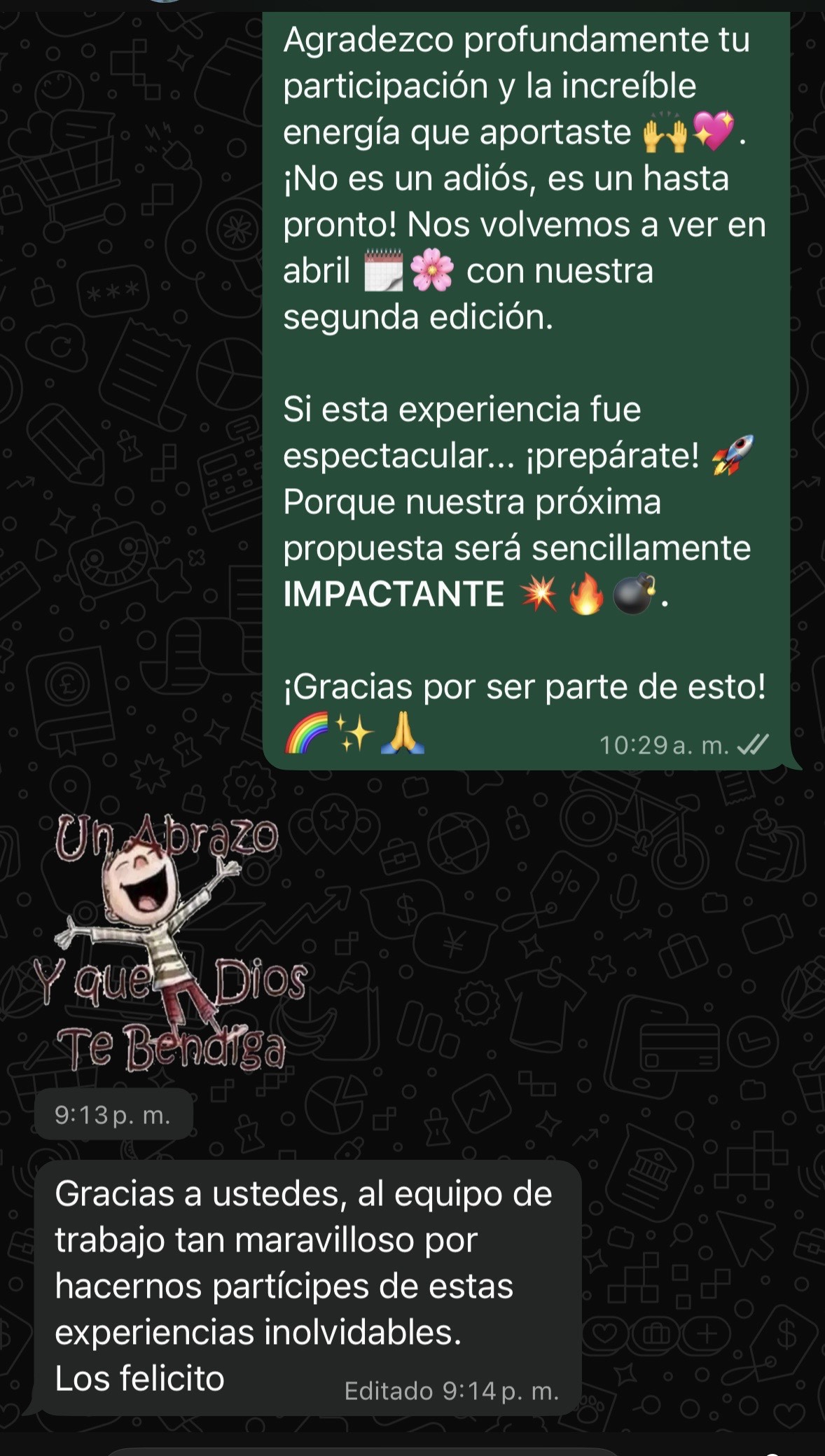 Screenshot de WhatsApp felicitando al equipo de trabajo por experiencias inolvidables