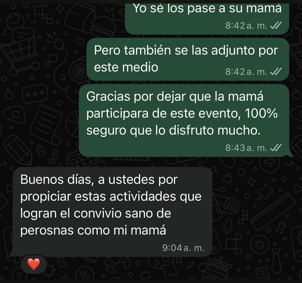 Screenshot de WhatsApp agradeciendo por actividades que promueven el convivio sano