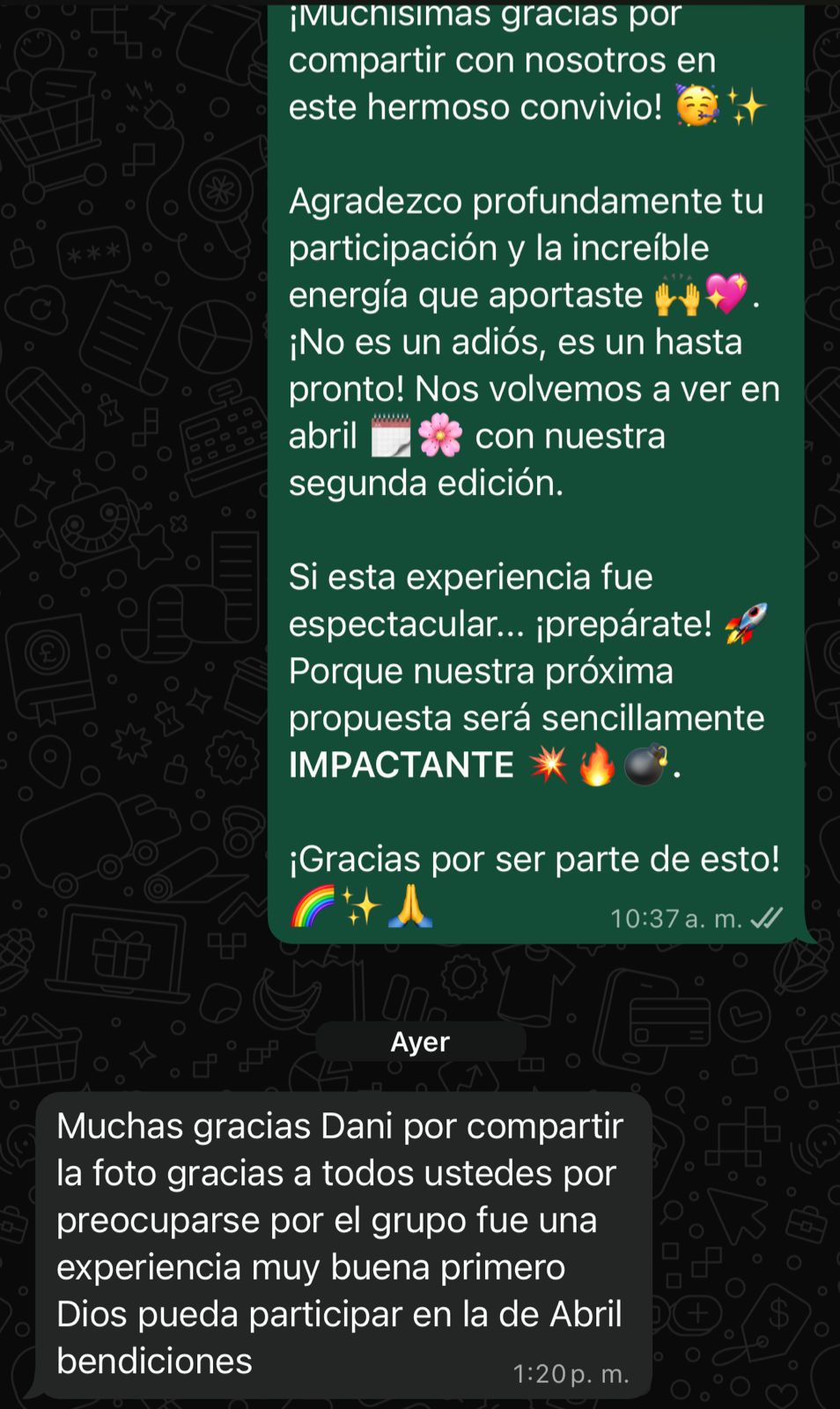 Screenshot de WhatsApp agradeciendo por compartir y esperando la proxima edicion